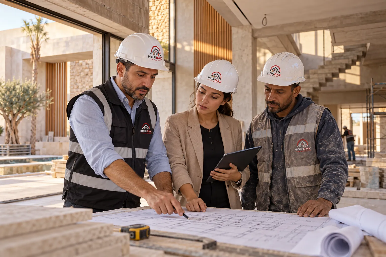 Responsables HORBAK coordonnant un chantier contemporain au Maroc