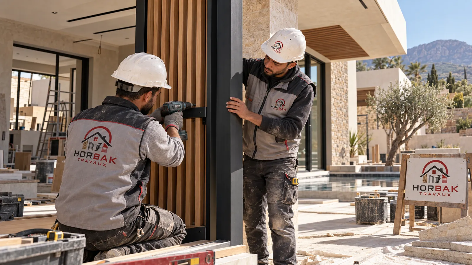 Artisans HORBAK installant un ouvrage sur mesure dans une villa au Maroc